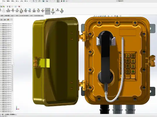 Highly detailed digital image of a rugged outdoor telephone enclosure with a rotary dial and keypad, highlighting telecommunications and security device design for industrial applications.