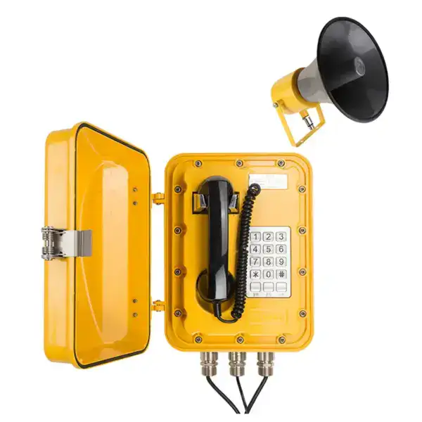 Accessible emergency communication device with loudspeaker and keypad for safety alerts.