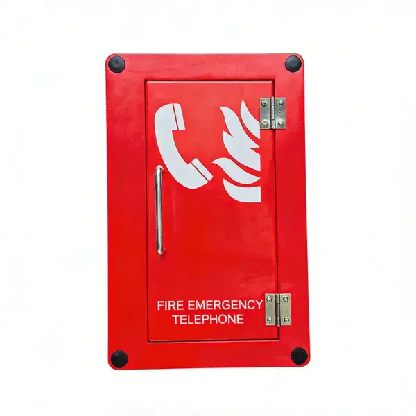 Red fire emergency telephone cabinet with phone icon and flame symbol, for fire safety and emergency communication in buildings. Durable metal box for quick access during fire incidents.