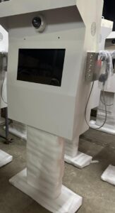 Kiosk with integrated digital display and camera, designed for the Philippines Kiosk Project, showcasing innovative technology solutions for public information and service access.