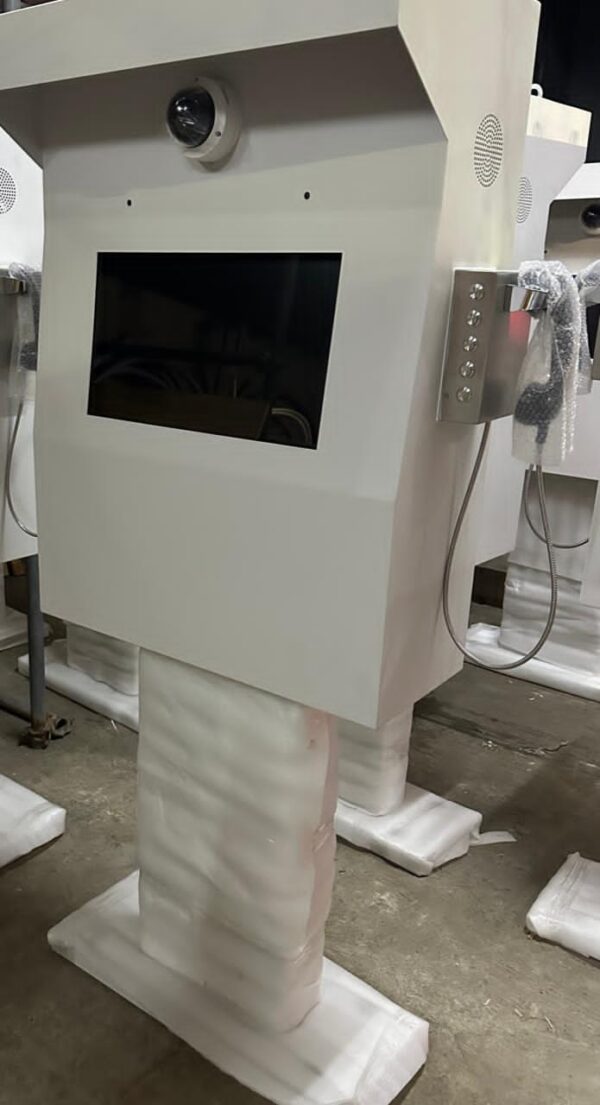 Kiosk with integrated digital display and camera, designed for the Philippines Kiosk Project, showcasing innovative technology solutions for public information and service access.