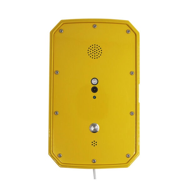 Bright yellow emergency call button device used for public safety, featuring multiple sensors and a speaker for quick communication in critical situations.