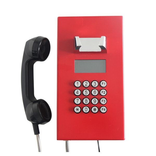 Emergency phone with red call box and attached handset, designed for public safety and communication in emergency situations.