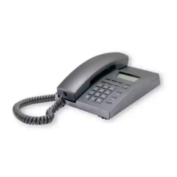 Office desk phone with keypad and display screen, suitable for business communication.