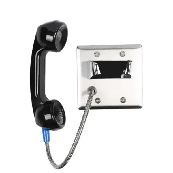 Vandal resistant visitation telephone mounted on wall with handset and metal mounting plate, designed for secure communication in correctional facilities.
