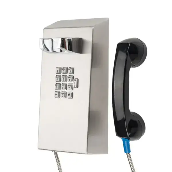 Mounted inmate telephone with durable construction and handset for prison communication. Designed for secure, reliable use in correctional facilities.