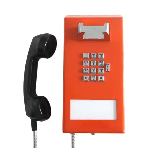 Emergency prison corridor inmate telephone with keypad and metal mounting bracket.