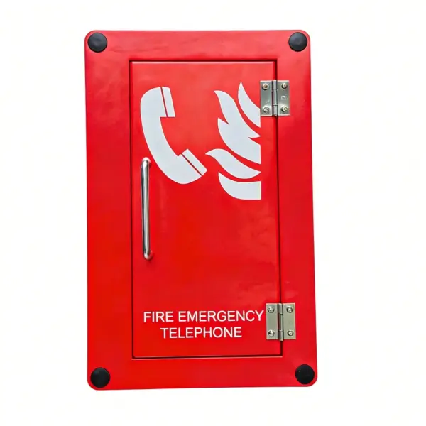 Emergency fire telephone enclosure for industrial safety and communication. Rugged red metal box with a phone icon and fire symbol, designed for quick access during emergencies.