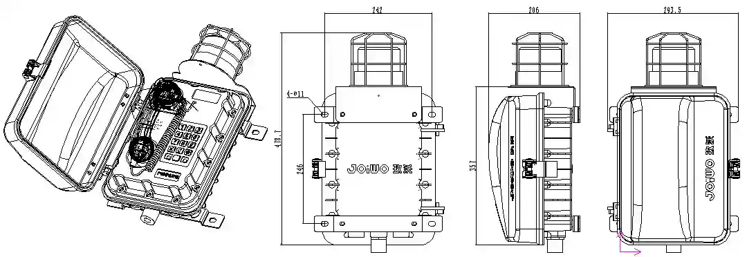 This image showcases the technical design and dimensions of the Waterproof Wall Mounted Telephone JWAT301P-KJ, highlighting its robust build, mounting details, and integrated beacon light for enhanced visibility and safety in industrial settings.