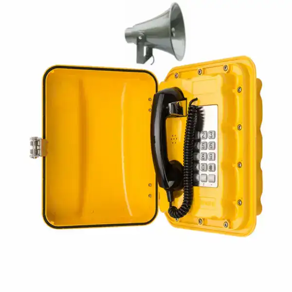 The image shows a waterproof analogue telephone model JWAT302-K