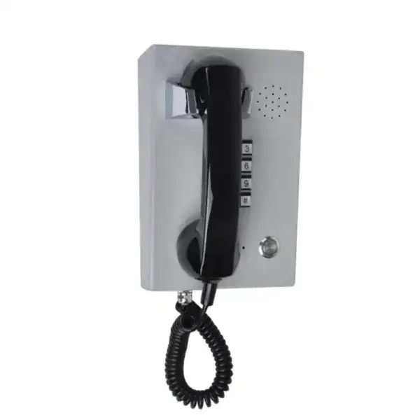 Durable weatherproof steel telephone with keypad and handset for outdoor communication, designed for harsh environments and outdoor use.