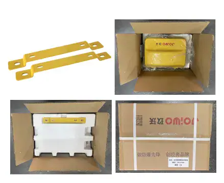 Set of yellow plastic shipping straps used for packaging, bundling, and securing products during transportation.