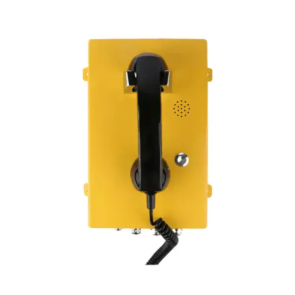 Weatherproof IP telephone for transportation and industrial use, designed for reliable communication in harsh environments. Features a durable yellow housing, handset, and built-in microphone for seam.