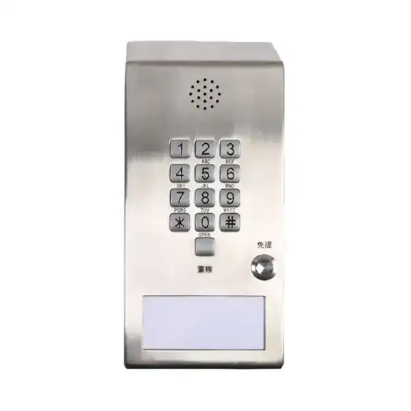 Stainless steel hand-free intercom telephone with numeric keypad and display, designed for clean room environments.