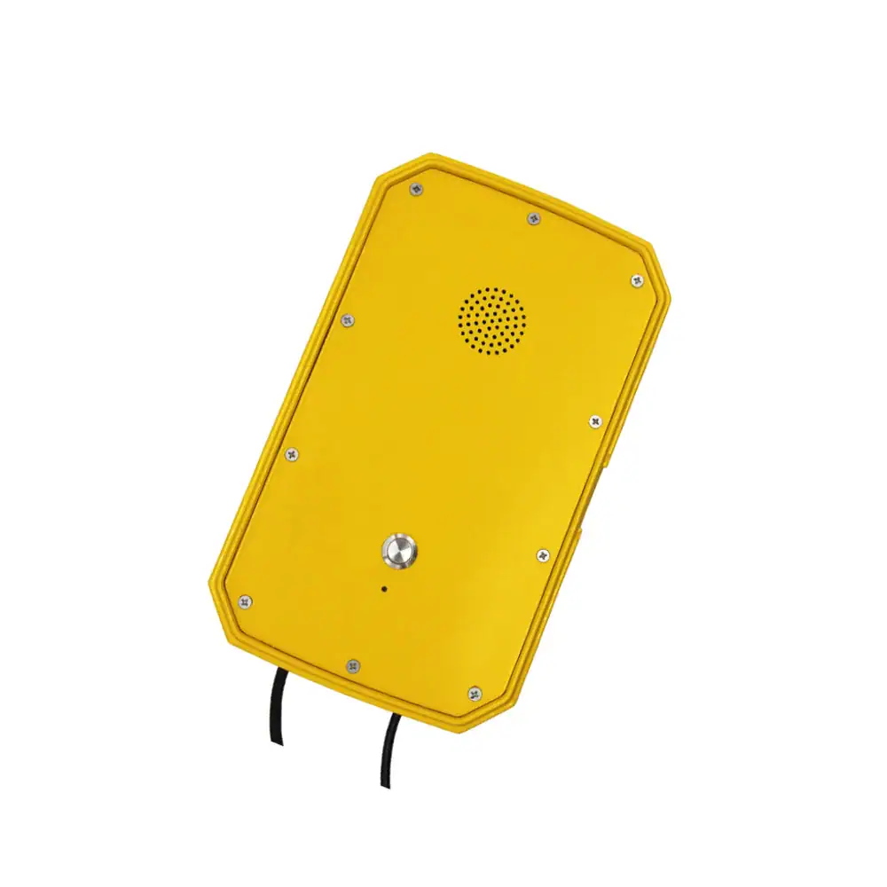 Weatherproof VOIP intercom device for industrial communication. Rugged yellow enclosure with speaker and call button, designed for outdoor use in harsh environments.