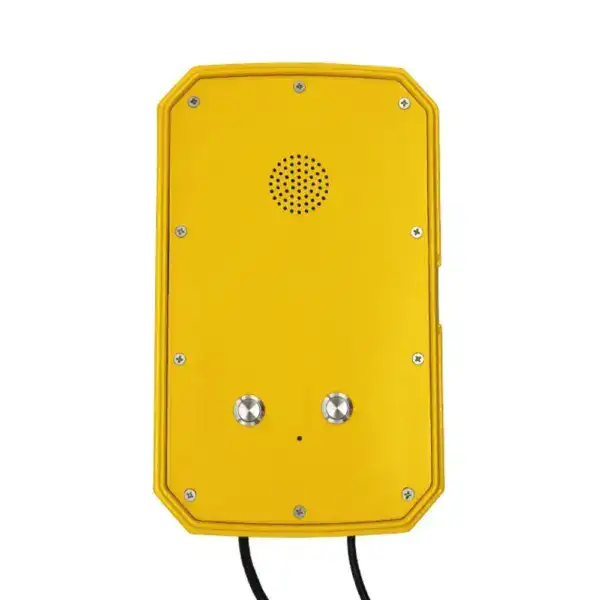 Weatherproof VOIP intercom phone JWAT407 in bright yellow, designed for industrial environments with durable construction and easy access controls.