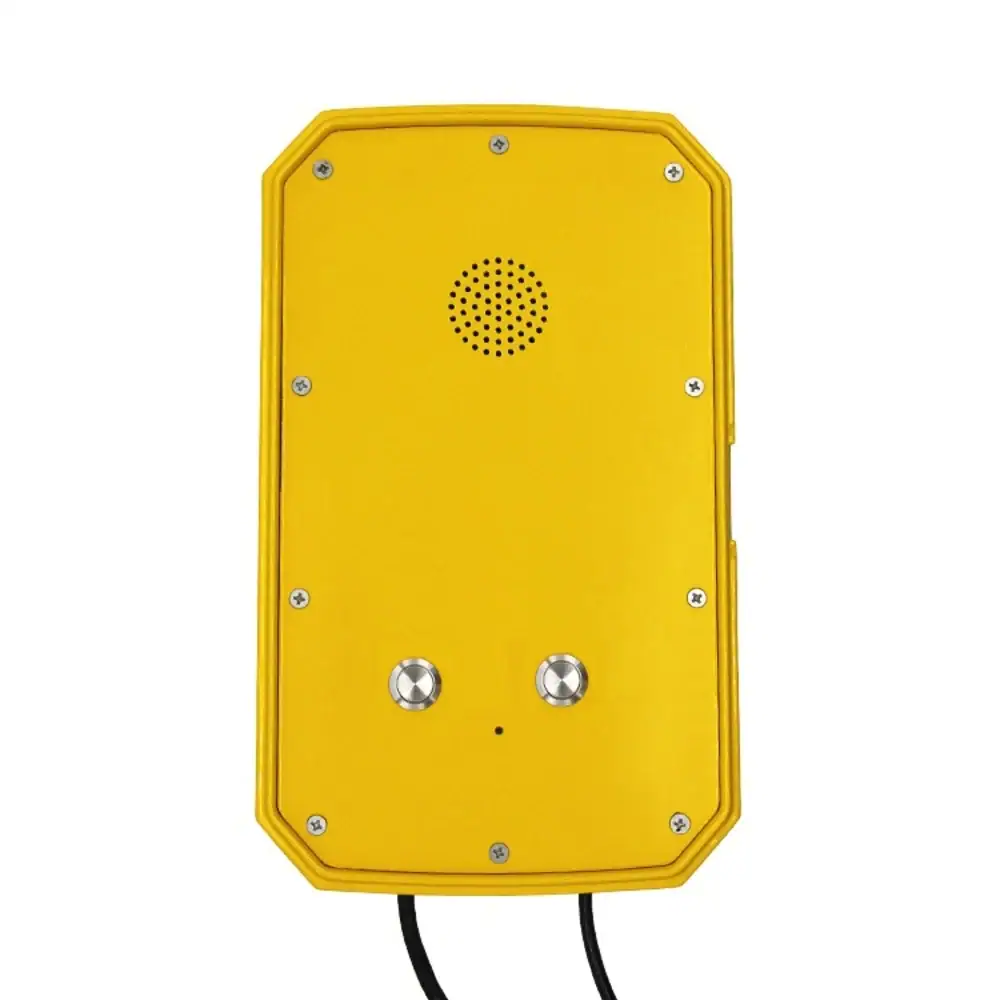 Weatherproof VOIP intercom phone JWAT407 in bright yellow, designed for industrial environments with durable construction and easy access controls.