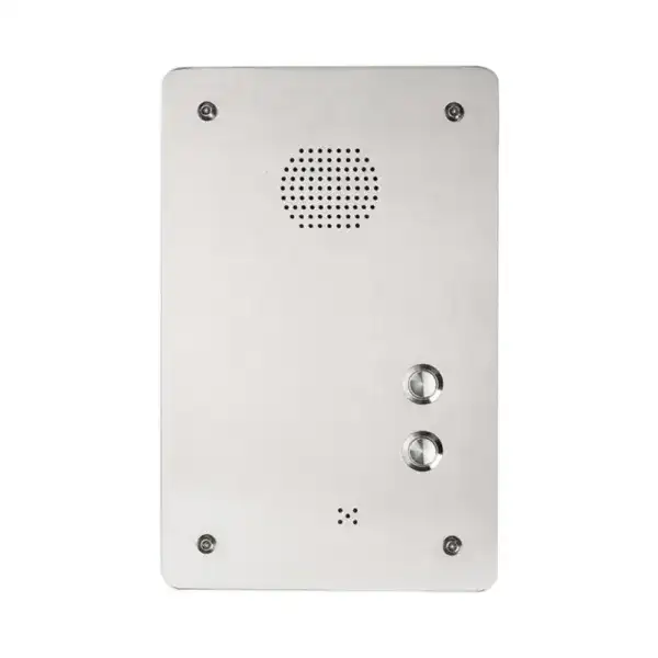 Rugged vandal-proof emergency telephone with corrosion-resistant design, featuring a speaker and call buttons, ideal for harsh outdoor environments.