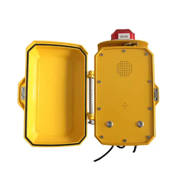 Rugged weatherproof telephone JWAT410 designed for industrial environments, featuring durable yellow casing, secure enclosure, and reliable communication for harsh outdoor conditions.