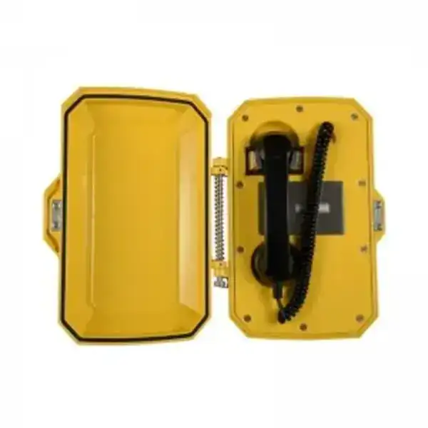 Weatherproof IP telephone designed for construction sites, featuring durable, waterproof casing and a rugged handset for reliable communication in harsh environments.