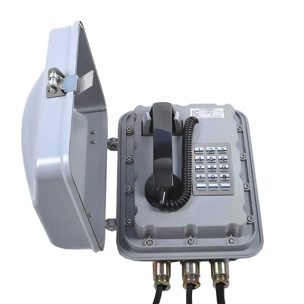 Proof heavy duty industrial telephone for hazardous environments. Rugged design with secure keypad and durable construction, suitable for industrial and explosion-prone areas.