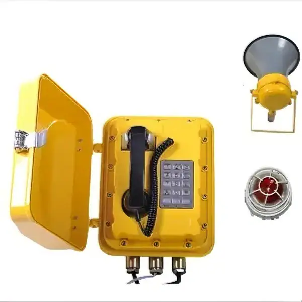 Emergency communication device featuring a yellow weatherproof enclosure, a rotary dial, and external alarm components for safety and alert systems.