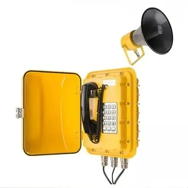 Yellow emergency communication device featuring a loudspeaker, keypad, and protective case, designed for reliable communication in critical situations.