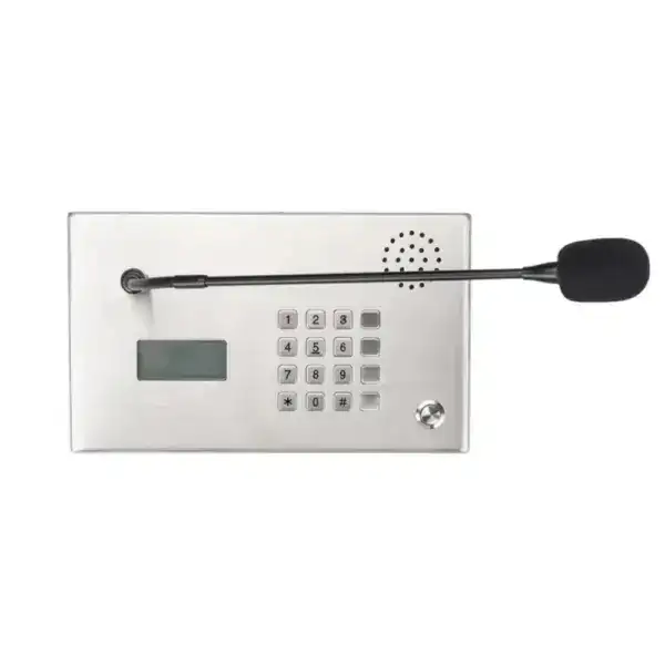 Intercom control system with desktop phone and microphone for communication.