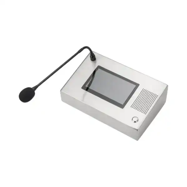 Modern VoIP desk telephone with integrated intercom and touchscreen display, ideal for office communication and interdepartmental connectivity.