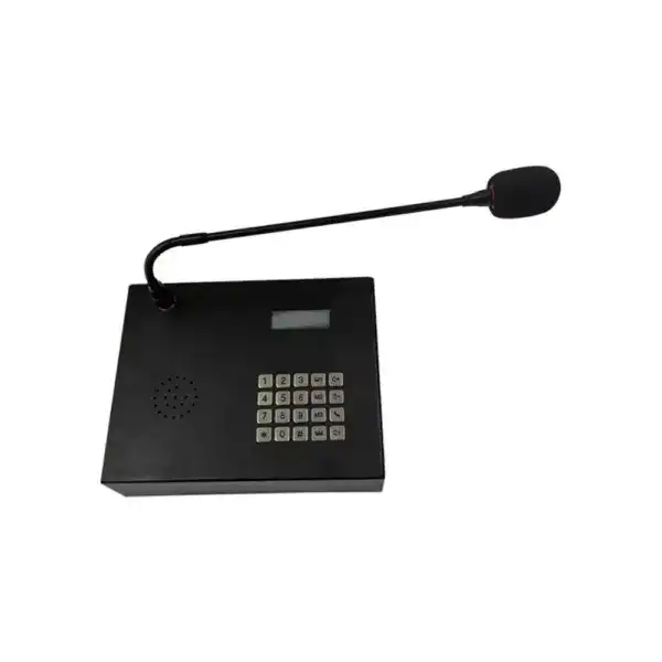 VoIP desktop telephone with microphone and numeric keypad, made of cold rolled steel, designed for professional communication. Suitable for office and call center environments.