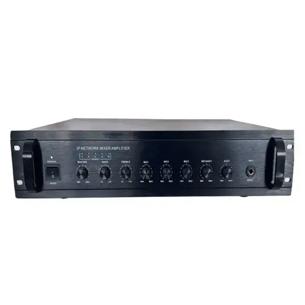 IP network mixer amplifier for VoIP communication systems with multiple input controls.
