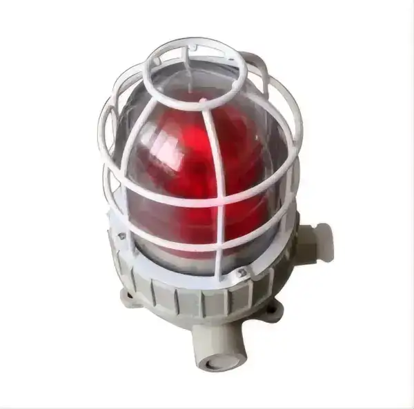 Emergency warning beacon light with protective cage for mining safety.