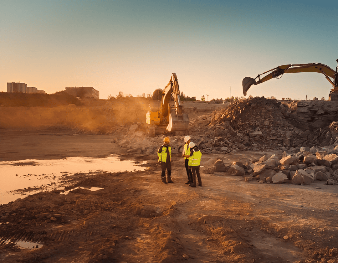 Excavators working on a construction site during sunset with workers inspecting the progress, highlighting heavy machinery and infrastructure projects.