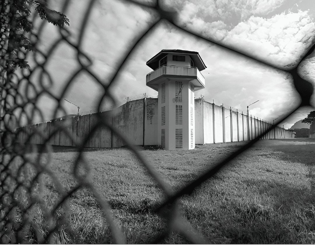 Prison watchtower viewed through a chain-link fence, symbolizing security and surveillance. Ideal for content related to incarceration, security systems, or correctional facilities.