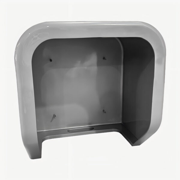 Modern gray display cabinet for retail or exhibition use, featuring a sleek curved design and spacious interior for showcasing products effectively.