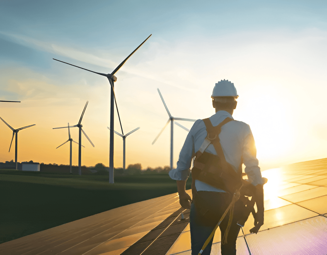 An engineer wearing a safety helmet and harness inspecting wind turbines at sunset, emphasizing renewable energy, sustainable development, and green technology.