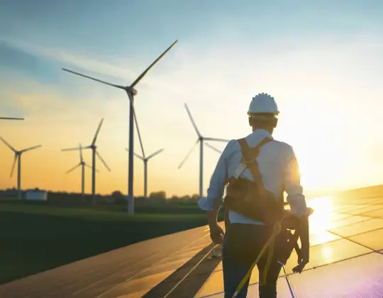 Wind turbine technician inspecting solar and wind energy installations at sunset.