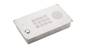 Stainless steel emergency elevator telephone with keypad and speaker for quick communication during emergencies. Ideal for safety and compliance in elevator systems.
