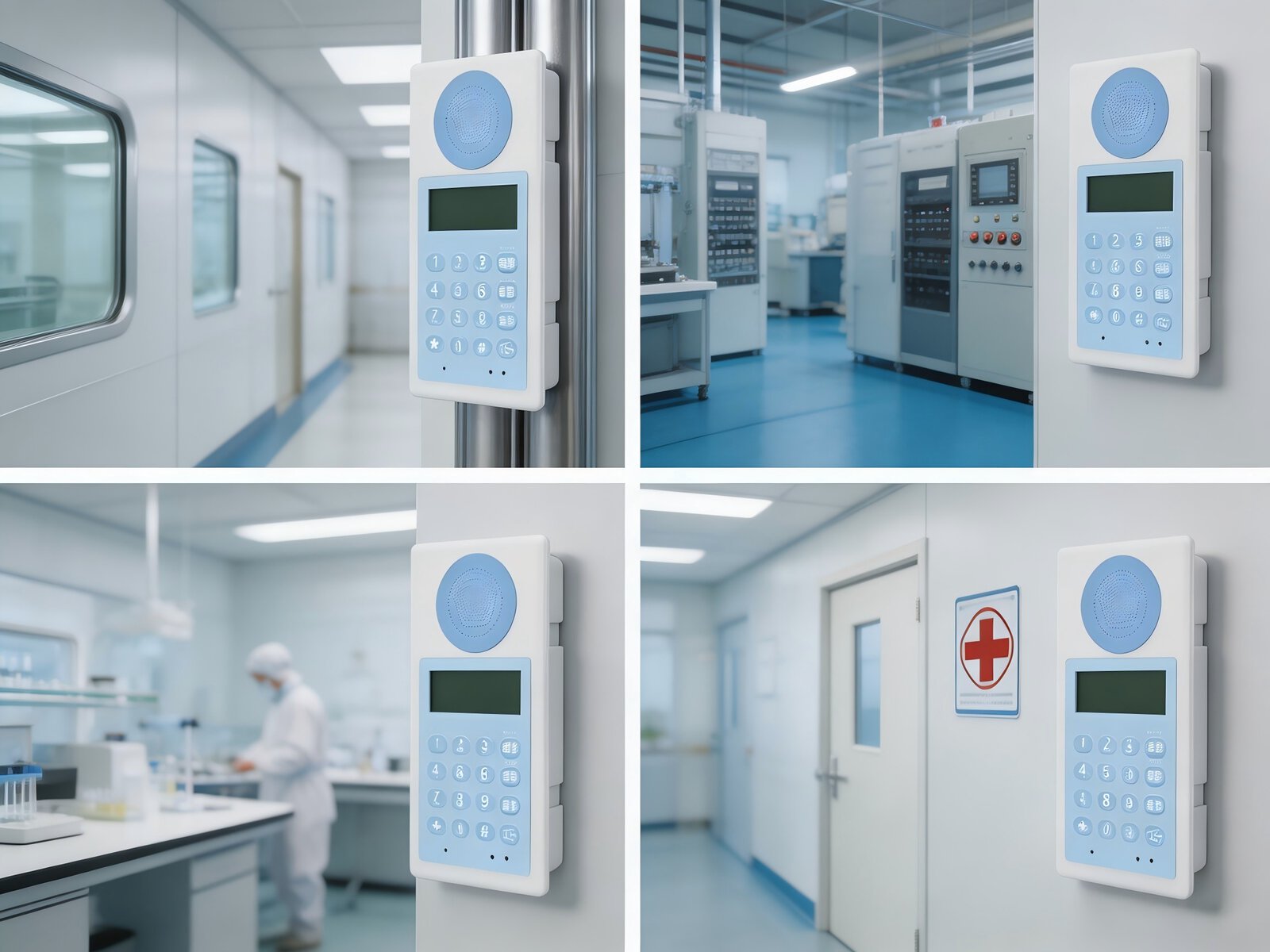Cleanroom intercom telephone mounted in pharmaceutical and medical lab sterile environments
