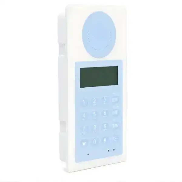 VOIP intercom device with LCD display and keypad, designed for clean room environments, featuring a sleek white design and user-friendly interface.