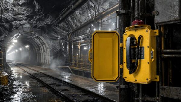 Underground mining tunnel featuring safety equipment and lighting, showcasing the industrial environment of mineral extraction. The image highlights the importance of safety measures in mining operati.
