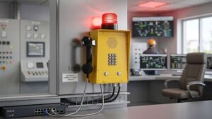 Industrial control room with safety alarm system and monitoring equipment.