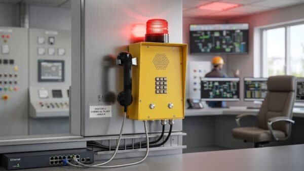 Industrial control room with safety alarm system and monitoring equipment.