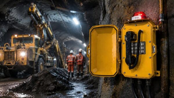 Electrical control panel installed in a mining tunnel environment.