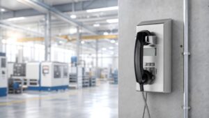 Industrial telephone mounted on a concrete wall in a modern manufacturing plant.