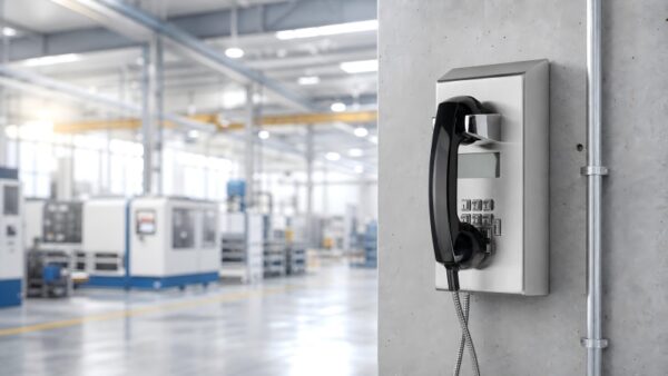 Industrial telephone mounted on a concrete wall in a modern manufacturing plant.