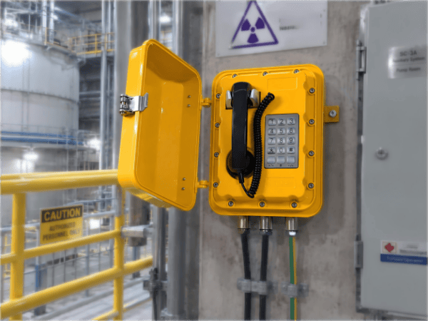 Yellow explosion-proof telephone mounted on industrial wall in nuclear power plant with safety signs and warning labels.