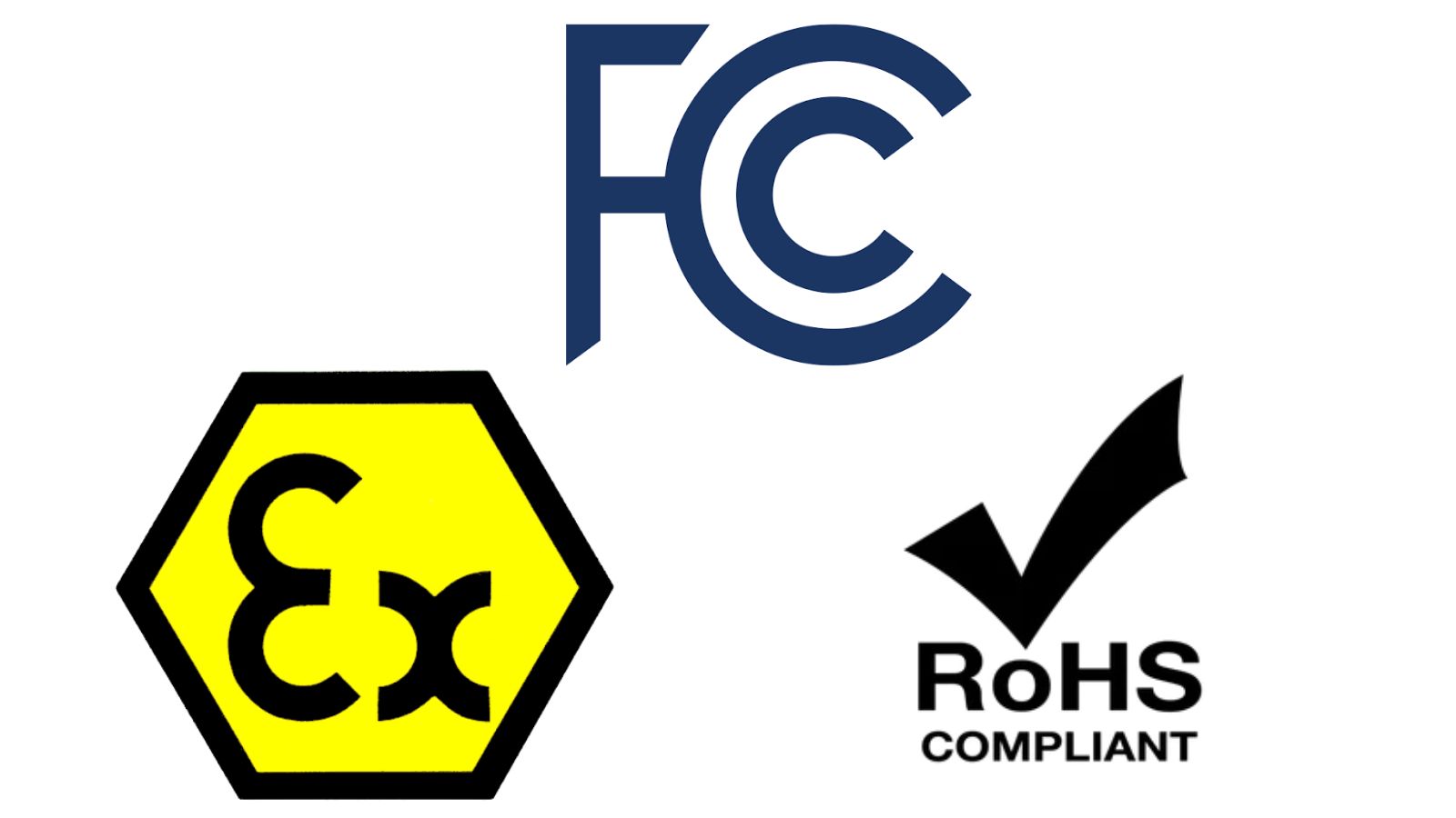 FCC, ATEX and RoHS certification logos