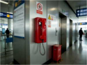 Red fire emergency telephone mounted on wall in airport terminal for safety communication in South Korea.