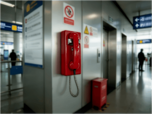 Red fire emergency telephone mounted on wall in airport terminal for safety communication in South Korea.